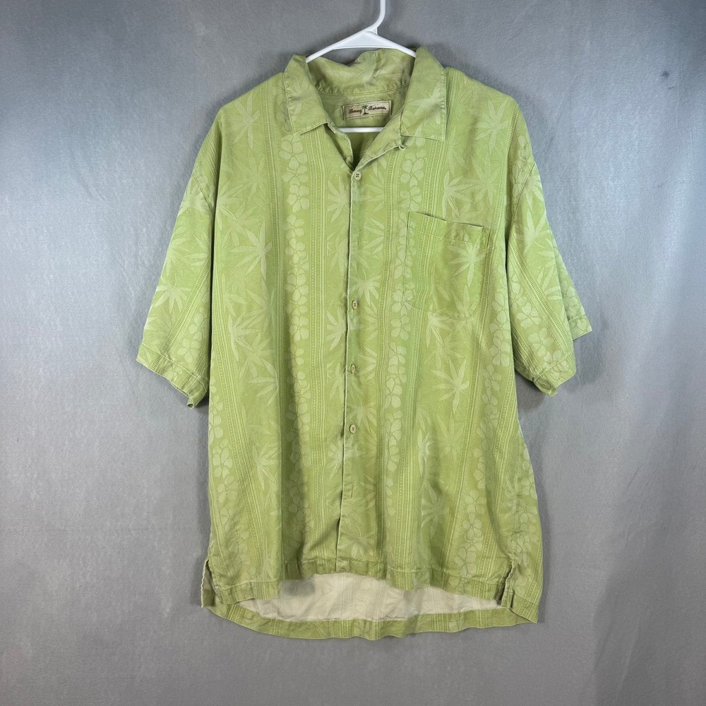 Tommy Bahama Mens Large Silk Tropical Floral Jacquard Camp Shirt Green Short Slv
